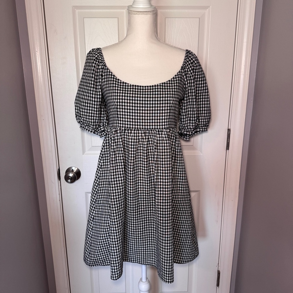Pomander Place Black and White Gingham Abigail Puff Sleeve Dress